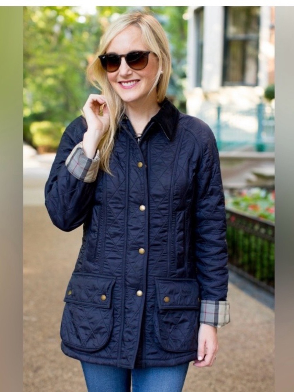 BARBOUR Quilted Navy Jacket with Plaid Trim - Women's Size 8